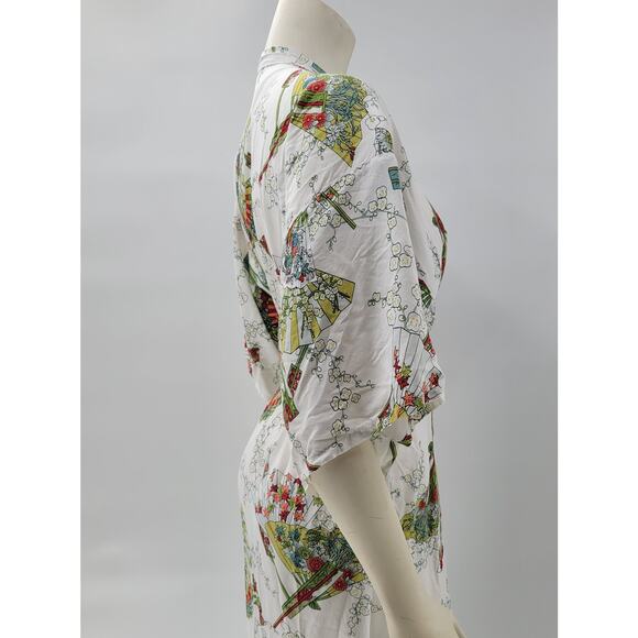 Vintage Kimono Wrap Robe Womens White Green Japanese Yukata‎ Style Traditional - Picture 3 of 16